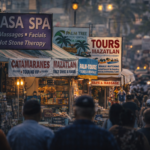 Calle turística en Mazatlán al atardecer