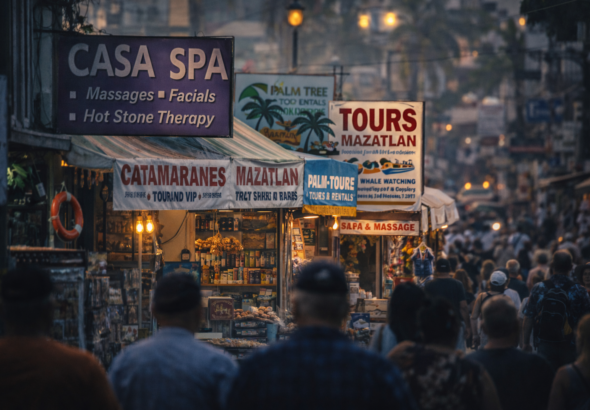 Calle turística en Mazatlán al atardecer