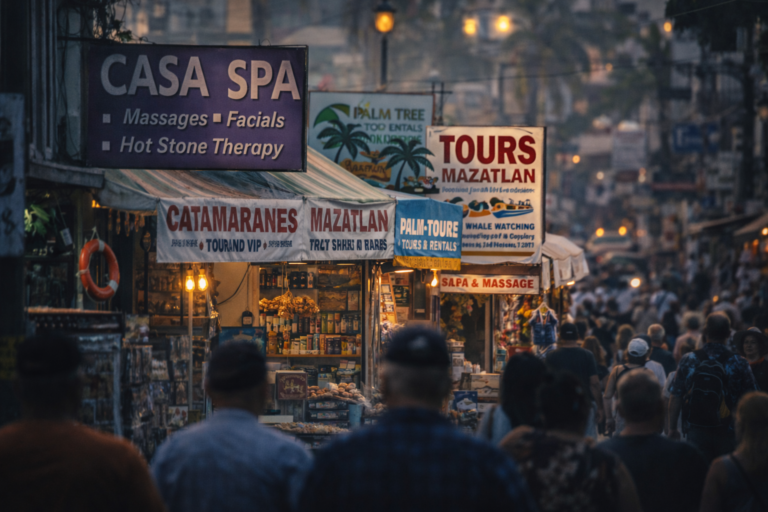 Calle turística en Mazatlán al atardecer