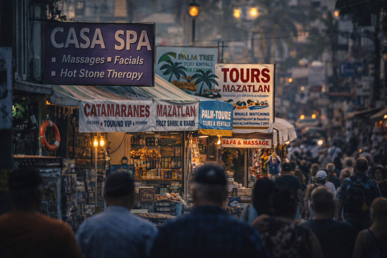 Calle turística en Mazatlán al atardecer
