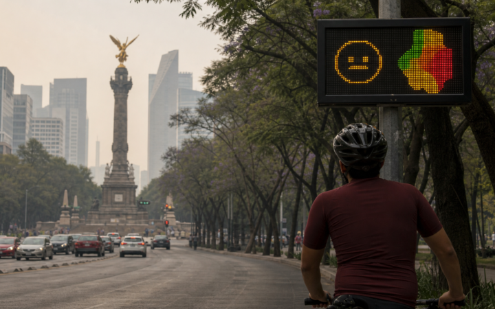 Ciclista observa una pantalla de calidad del aire en una avenida arbolada de Ciudad de México