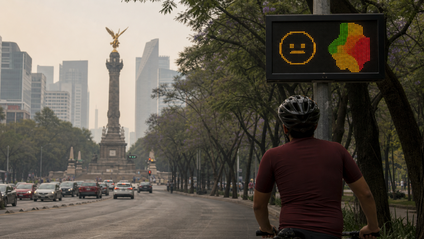 Ciclista observa una pantalla de calidad del aire en una avenida arbolada de Ciudad de México