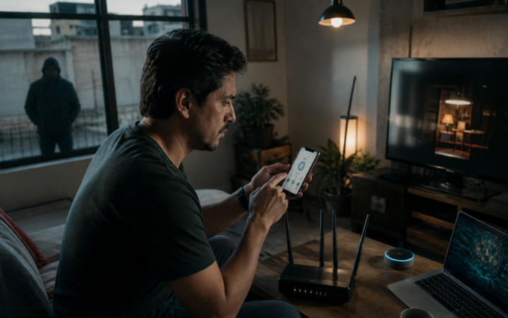 Usuario revisa permisos de red en un teléfono Android frente a un router doméstico y varios dispositivos conectados en una casa mexicana.
