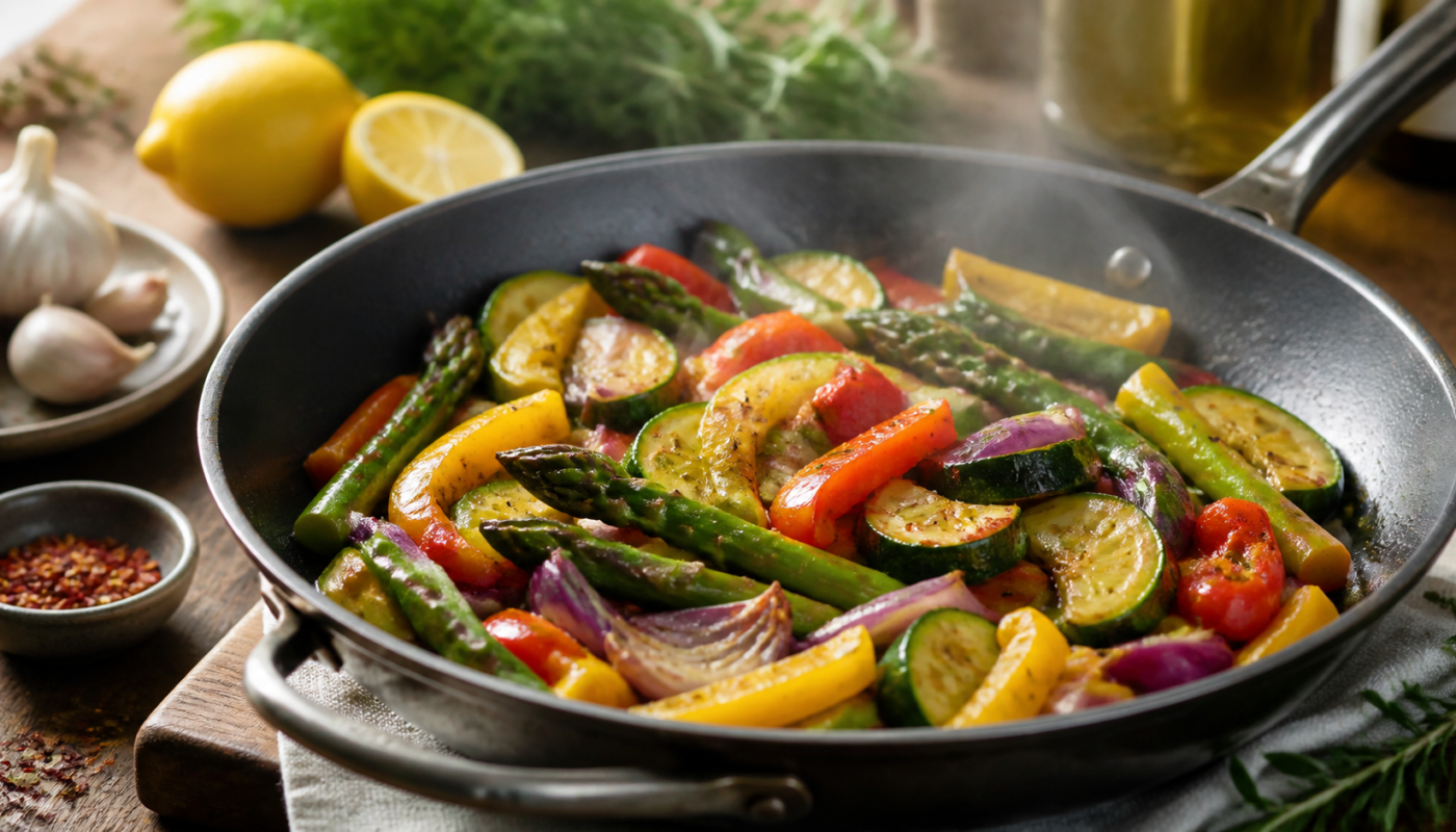 Verduras coloridas cocinadas suavemente en un sartén con hierbas y limón