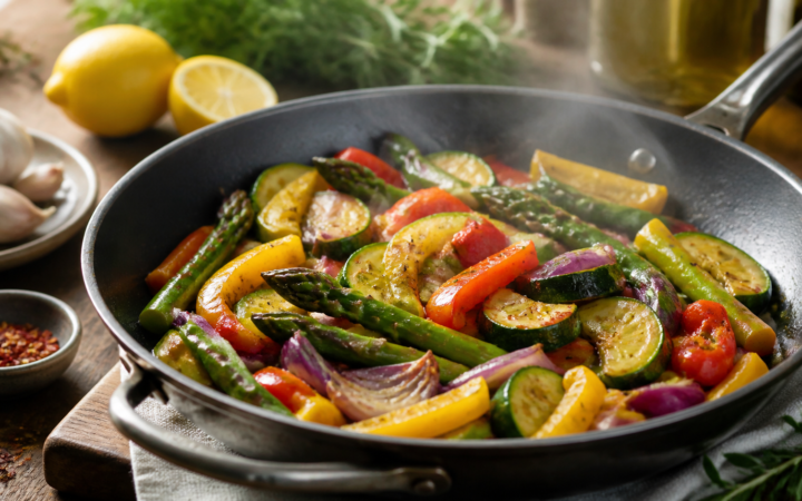 Verduras coloridas cocinadas suavemente en un sartén con hierbas y limón