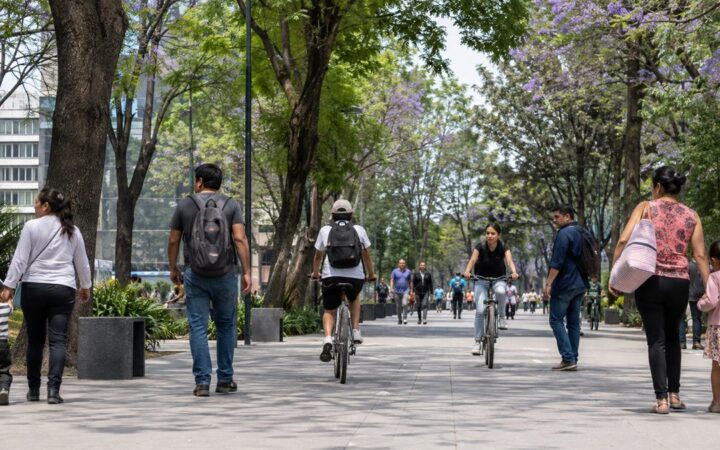 Familias y peatones comparten una plaza pública arbolada en la Ciudad de México
