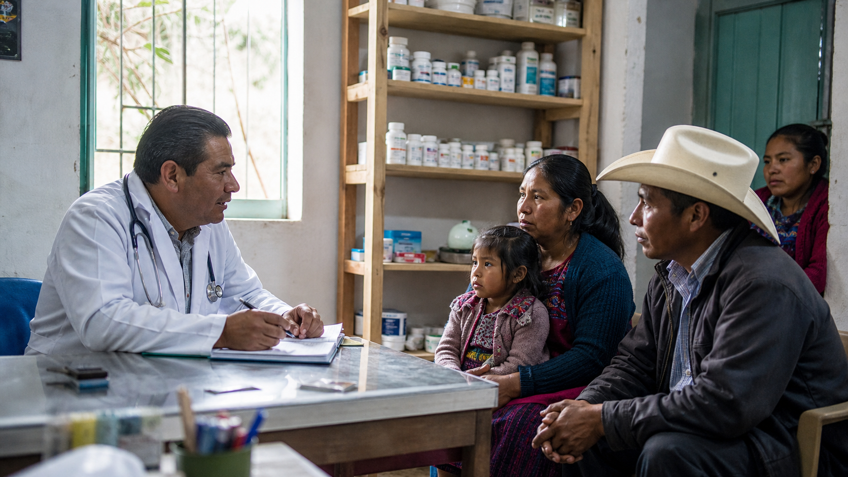 Consultorio comunitario con médico, computadora, estantes de medicamentos y una familia esperando atención.