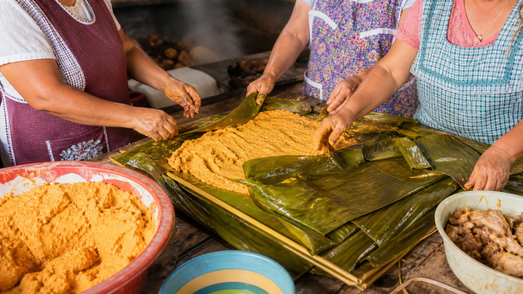 Cocineras tradicionales de la Huasteca sirviendo zacahuil envuelto en hojas sobre una mesa comunitaria