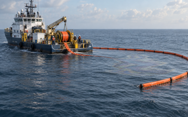 Embarcación de mantenimiento despliega equipo de contención sobre una presencia de aceite crudo en el mar